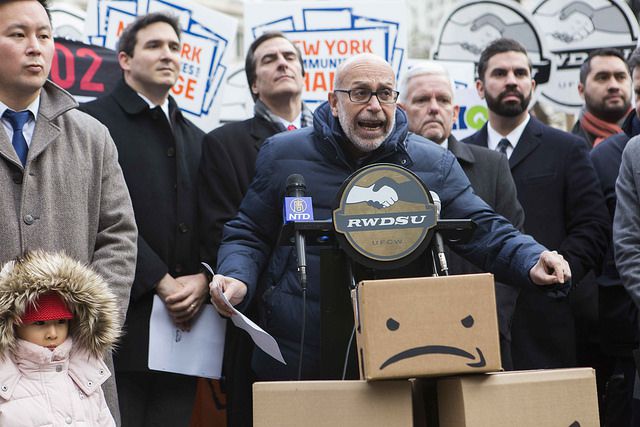 Stuart Appelbaum, president of the Retail, Wholesale and Department Store union, speaking out against Amazon's new campus outside City Hall last Wednesday